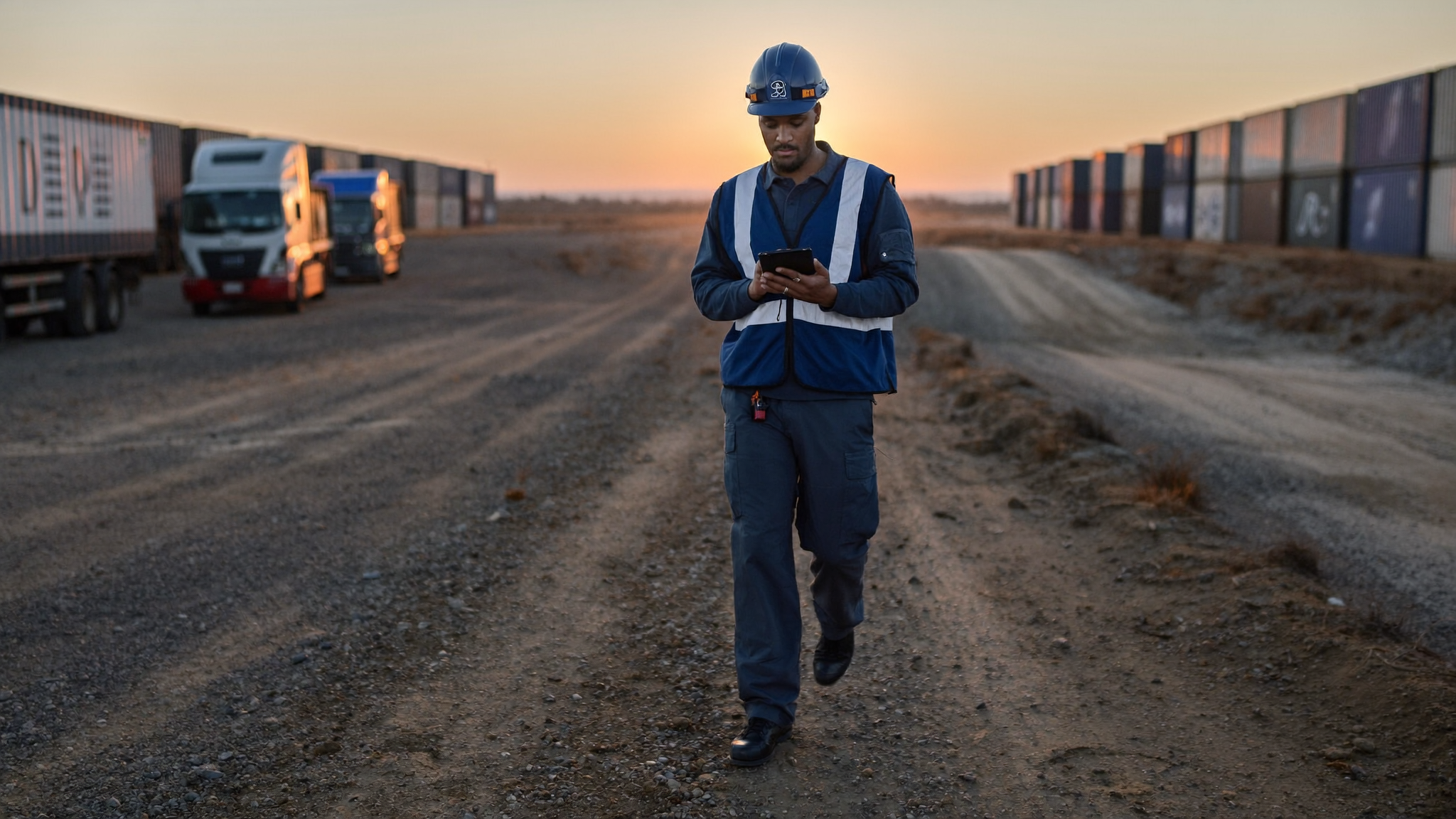 A site foreman walking across a South African logistics yard at sunrise, checking a handheld tablet